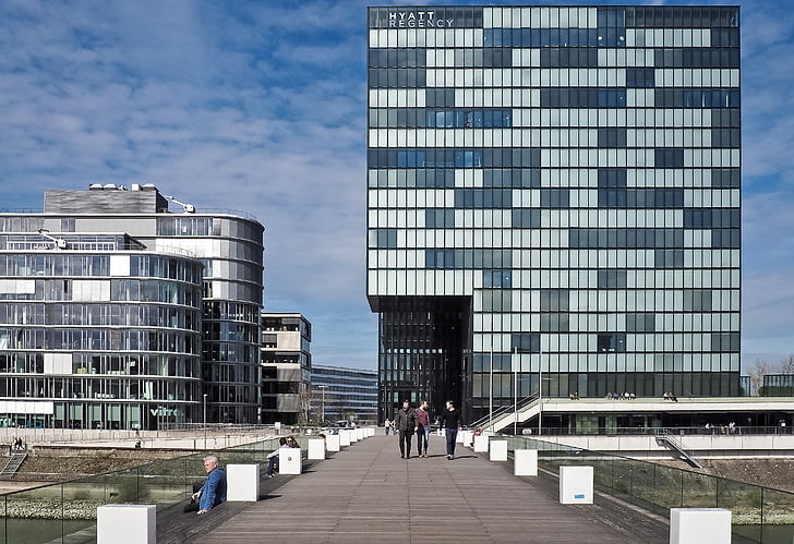 Architektura, moderní architektura, město, moderní, budova, Düsseldorf, fasáda