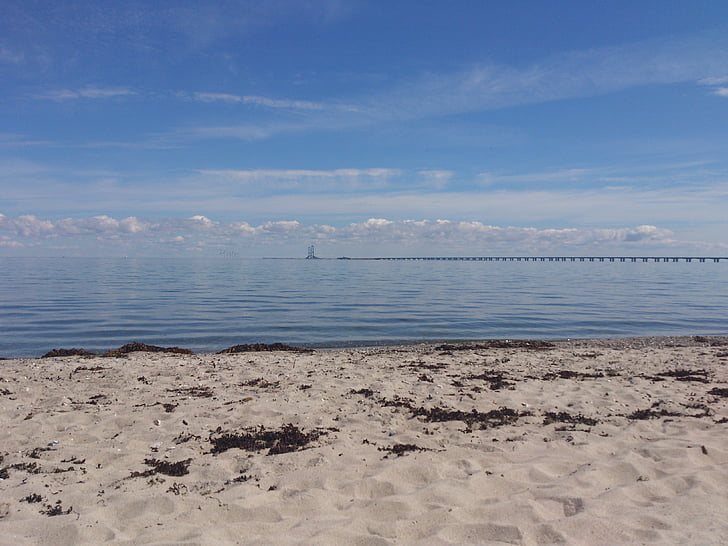 beach, sea, water, sand, sky, bridge, blue