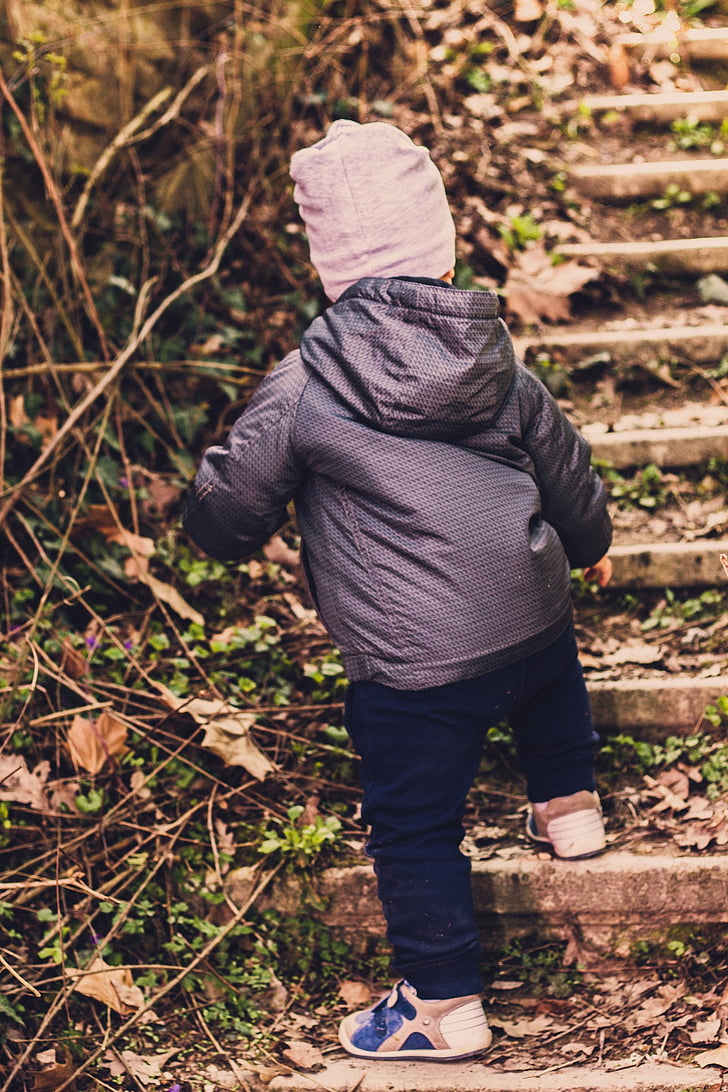 stairs, spring, child, adventure, rear view, one person, casual clothing