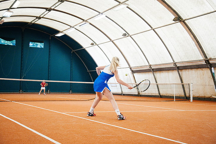 woman, blue, white, tennis, suit, playing, inside