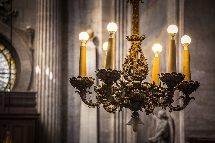 brass, uplight, chandelier, turned, light, church, candle