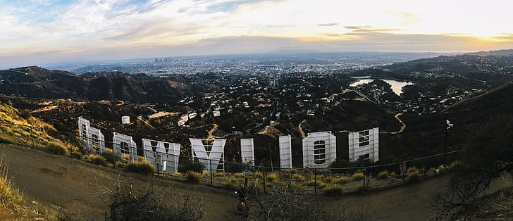 Hollywood, známky, Hollywood sign, Kalifornie, orientační bod, město, zadní strana