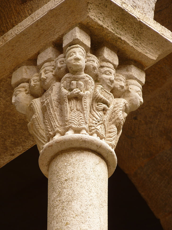 pillar, head, heads, monastery, ruin, old, castle