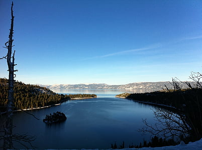 Lake tahoe, téli, víz, csendes, táj, vadonban, táj