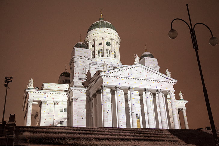 Katedra w Helsinkach, Lux helsinki, pokaz świetlny, śnieg, Turism, Kościół, monumentalne