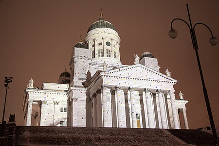 helsinki cathedral, lux helsinki, light show, snow, turism, church, monumental