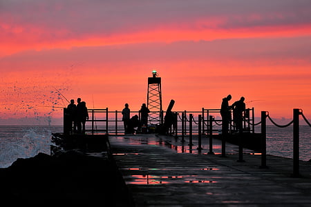 pier, fish, fishing rod, silhouette, the sea, sunset, travel destinations