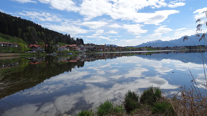bavaria, allgäu, hop on the lake, reed, lake, water reflection, clouds