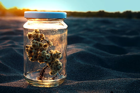 pesek, sončni zahod, steklo, kozarec, narave