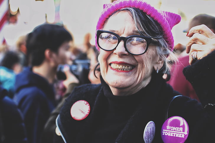 beanie, woman, girl, grandmother, badges, smile, happy
