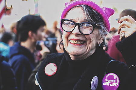 beanie, woman, girl, grandmother, badges, smile, happy