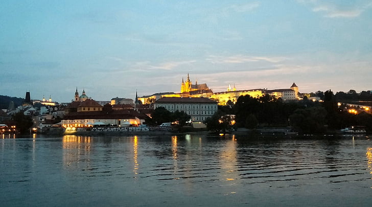 stadsbild, skymning, sevärdheter, kvällen, Prag, belysta, arkitektur