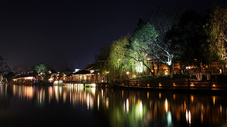 visão noturna, Wuzhen, Watertown, à noite, iluminado, reflexão, água