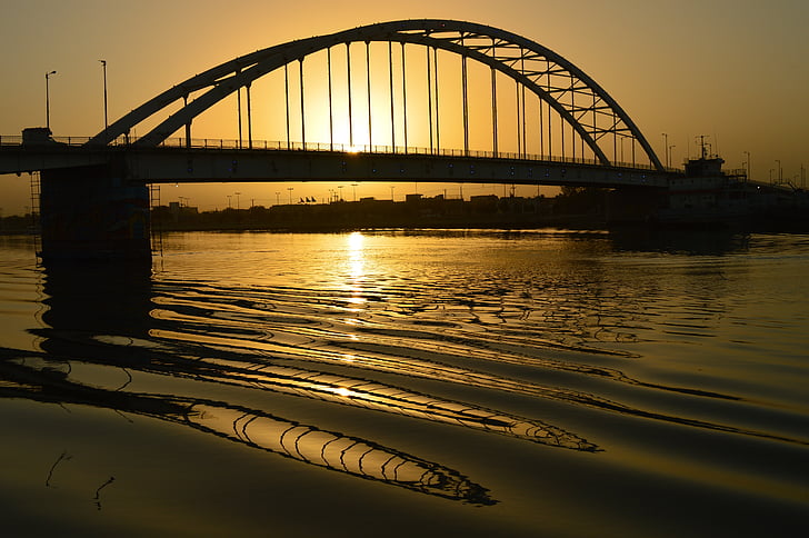 ponte, Khorramshahr, dourado, ponte - cara feita estrutura, Rio, arquitetura, pôr do sol
