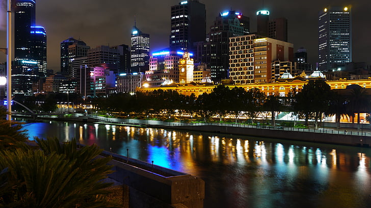 Melbourne, à noite, Yarra, linha do horizonte, Rio