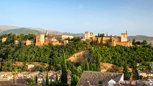 Granada, España, edificios, la alhambra, Castillo, Fortaleza, árboles