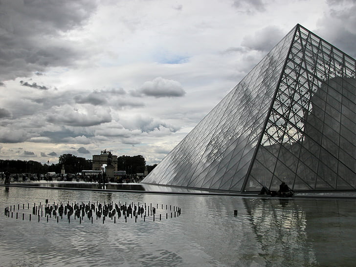 Paříž, Louvre, pyramida, Architektura, atmosféra, Francie, Muzeum