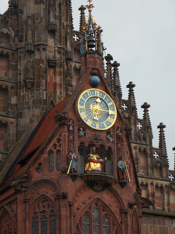 Nuremberg, sebaldskirche, tak, klocka, gyllene, guld, ljusa