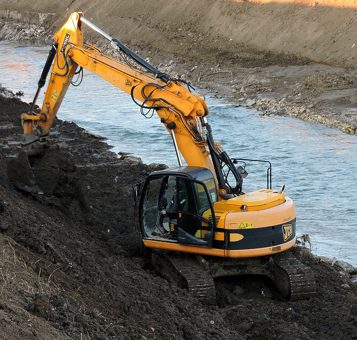 excavator, river, torrent, machinery, earthmoving, levee, excavation