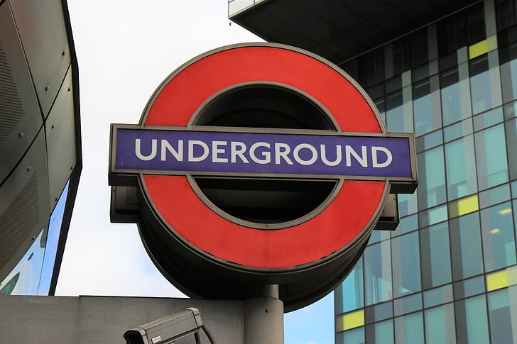 Underground, podepsat, nádraží, Londýn, budova, město, červená
