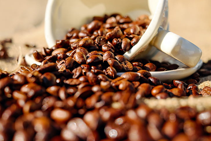 kopi, cangkir kopi, porselen, biji kopi, kacang, manfaat dari, makanan dan minuman