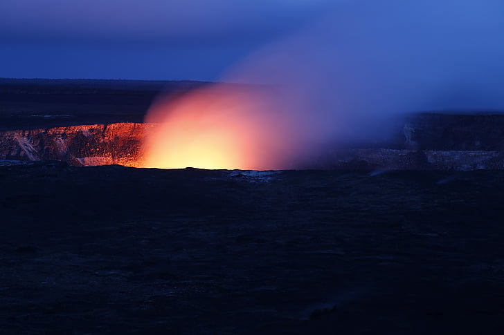 foto, vulkāns, vadītājs, uguns, karstā, skats, naktī
