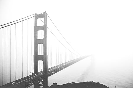 černobílé, Most, mlha, obrovské konstrukce, dlouhý most, licencované obrázky, Spojené státy americké