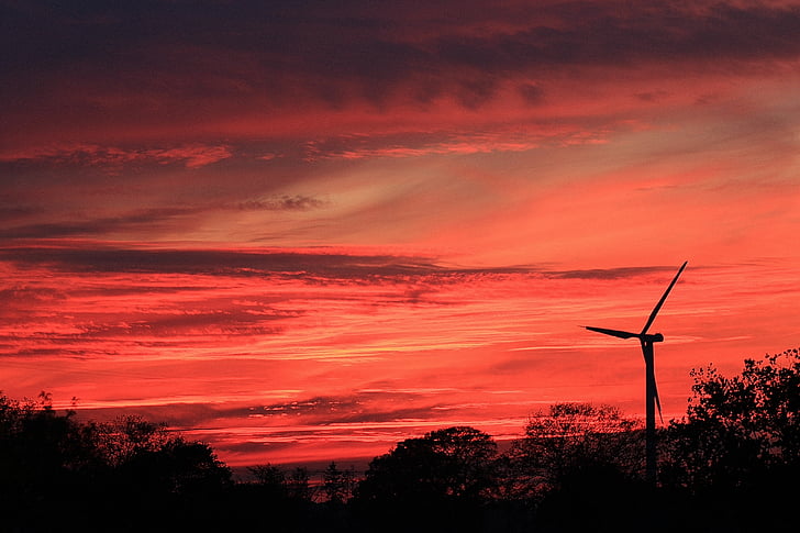 sunset, afterglow, evening sky, nature, pinwheel, wind turbine, sun down