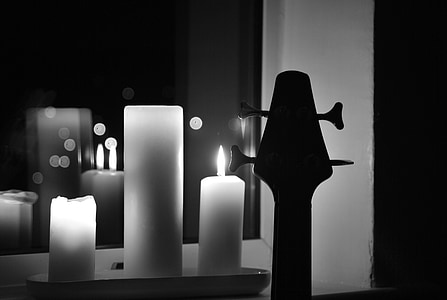baskytara, svíčky, svíčka, b w, černá a bílá, přístroj, silueta