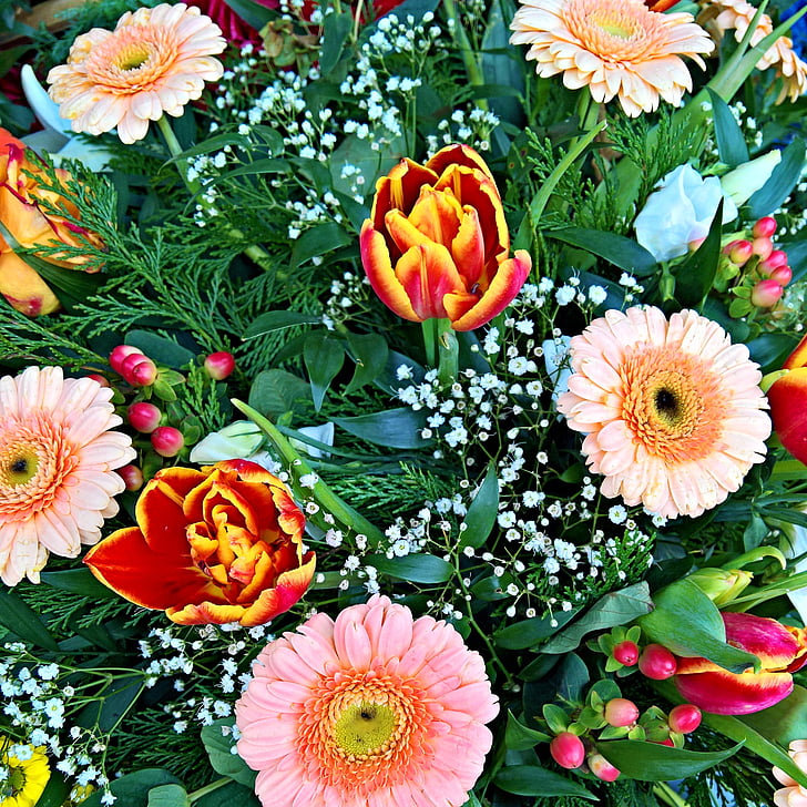 spring bouquet, flowers, many flowers, tulips, gerbera, gypsophila, colorful