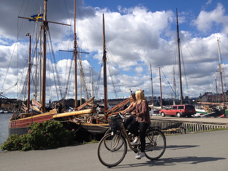 Estocolmo, ciudad, Porto, bicicleta, Chicas, diversión
