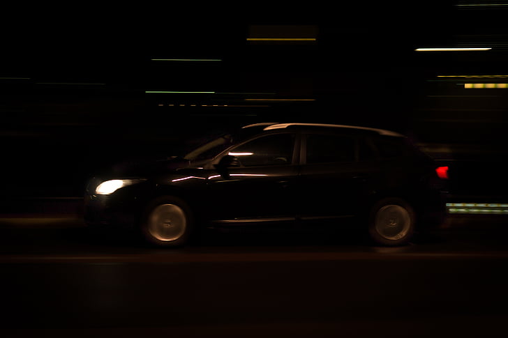 car, driving, lights, moving, night, speed, street