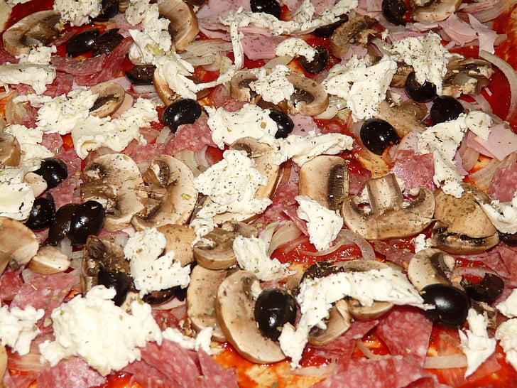 pizza topping, pizza, mushrooms, olive, feta cheese, sausage, ham