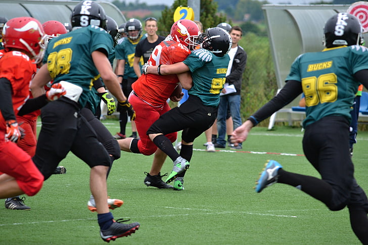 football, american football, knockdown, stop the player with the ball, opponent, courage