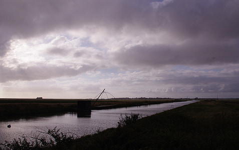 Vendée, Rybolov, rieka, Sky, oblaky, lúč slnka