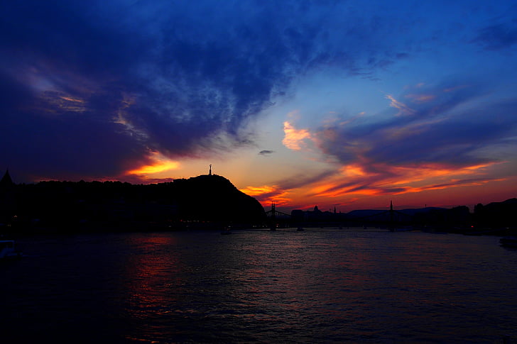 solnedgang, Budapest, elven, Donau, frakt, vann, landskap