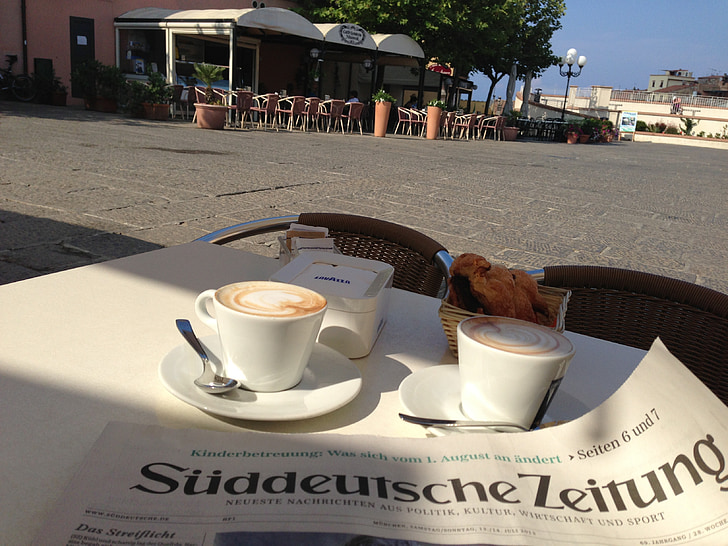 newspaper, cafe, breakfast, cappuccino, süddeutsche zeitung, elba, capo liveri