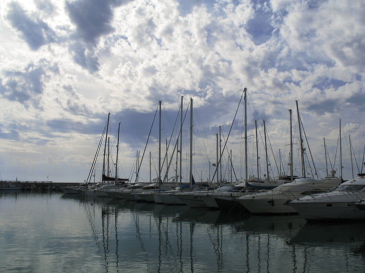 port, boats, sailboats, clouds, sea