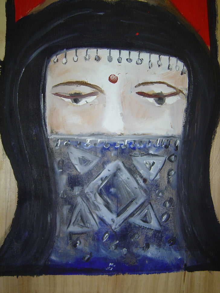 houten foto, Moslimvrouw, boomschors, Portret, Carving