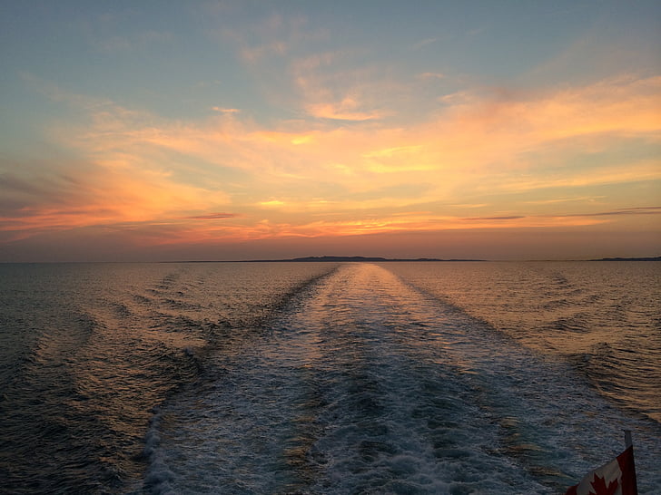 ηλιοβασίλεμα, στη θάλασσα, Ωκεανός, βάρκα, πορτοκαλί, ουρανός, σούρουπο