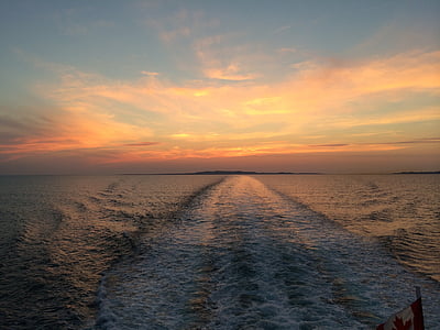 Закат, мне?, океан, лодка, оранжевый, небо, Сумерки