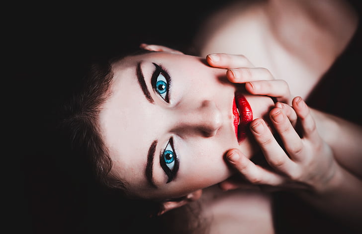 blue eyes, woman, female, makeup, model, red lipstick, sensual