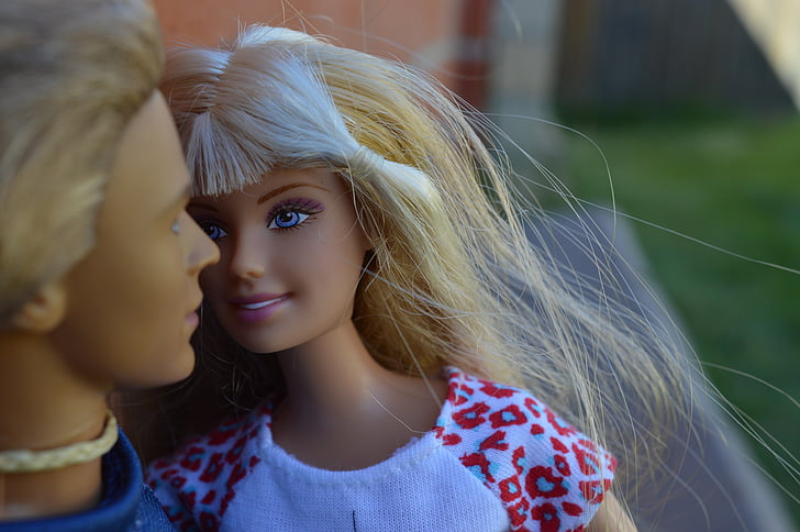 lelles, Barbie, sievietes, meitene, blondīne, pāris, kopā