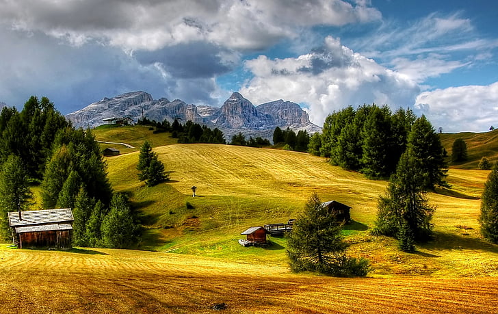 Dolomity, Sella, hory, alpské, Jižní Tyrolsko, Itálie, Panorama
