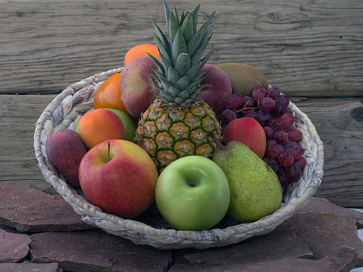 Zátiší, ovoce, Ananas, tropické ovoce, Koš, ovoce, meruňky