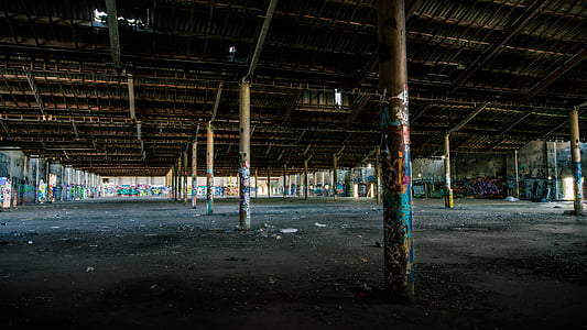 magatzem, edifici, abandonat, industrial, interior, arquitectura, brut