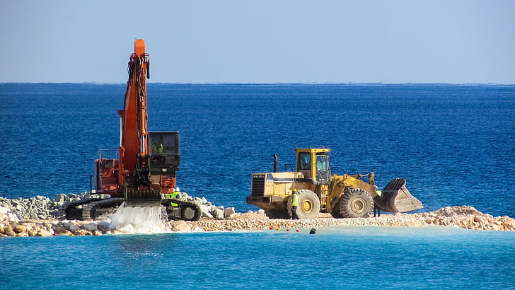 excavadora, buldòzer, vehicle, construcció, port esportiu, Ayia napa, Xipre