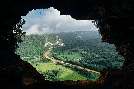 cave, view, river, valley, out of, stream, water