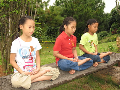 children, buddhists, bench, tailor seat, meditate, thailand, boys