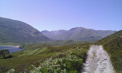 path, scotland, loch, mountains, loch affrich, mountain, sky